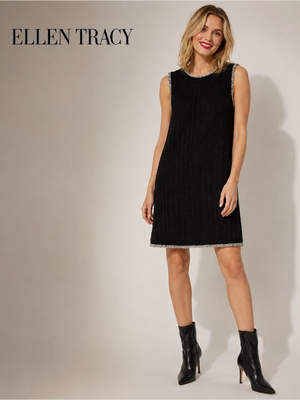 🌸Ellen Tracy Black Sleeveless Tweed Shift Dress size L Fall  Business casual